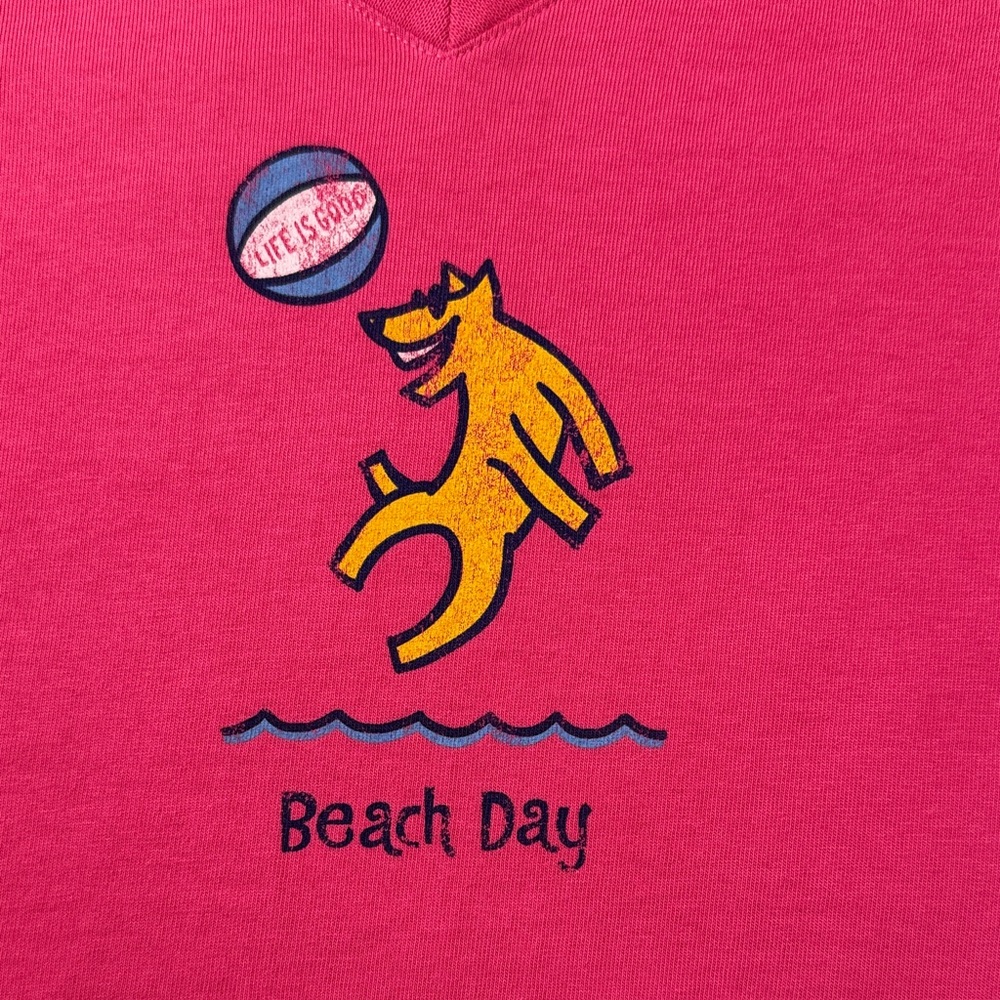 NWOT, Life Is Good Pink V-Neck T-Shirt with Beach Graphic
